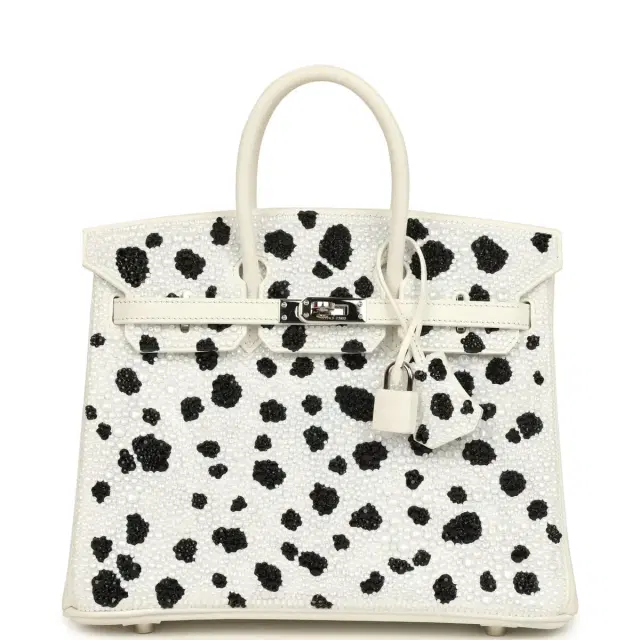 HERMÈS wait to list Custom "Dalmatian" Swarovski Crystal Hermes Birkin 25 White Epsom Palladium Hardware