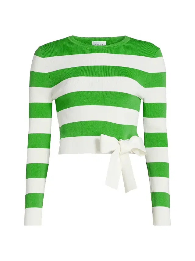 Milly Women's Gia Striped Bow-Detail Crop Pullover Sweater - Green White