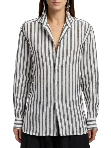 Ralph Lauren Collection Women's Capri Relaxed-Fit Striped Linen Shirt - Black White | Thumbnail 3