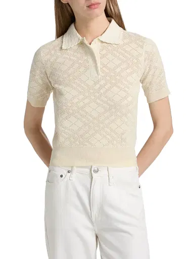 Burberry Women's Petra Check-Knit Wool-Silk Polo Shirt - Ceramic White - Size XXS | Thumbnail 3
