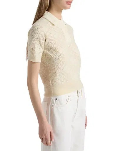 Burberry Women's Petra Check-Knit Wool-Silk Polo Shirt - Ceramic White - Size XXS | Thumbnail 4