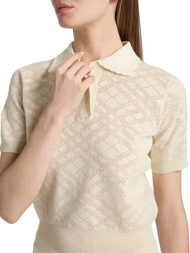 Burberry Women's Petra Check-Knit Wool-Silk Polo Shirt - Ceramic White - Size XXS | Thumbnail 6