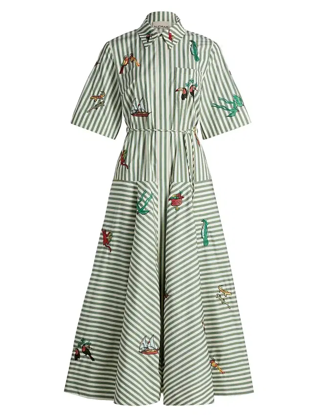ALÉMAIS Women's Bisou Embroidered Striped Cotton Poplin Midi-Shirtdress - Stripe