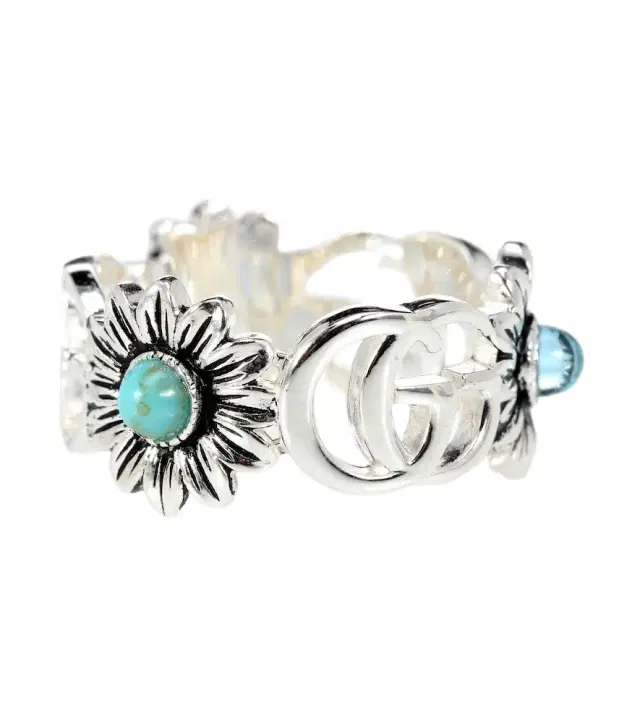 Double G flower sterling silver ring with topaz and mother of pearl
