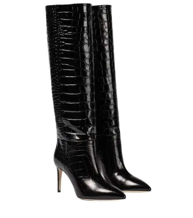 Croc-effect leather knee-high boots