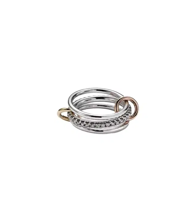Spinelli Kilcollin Tigris MX Gris sterling silver ring with diamonds and yellow and rose gold connectors