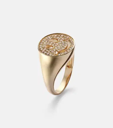 Sydney Evan Happy Face 14kt yellow gold signet ring with diamonds | Thumbnail 4