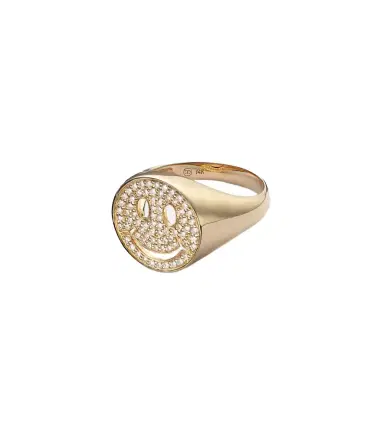Sydney Evan Happy Face 14kt yellow gold signet ring with diamonds | Thumbnail 1