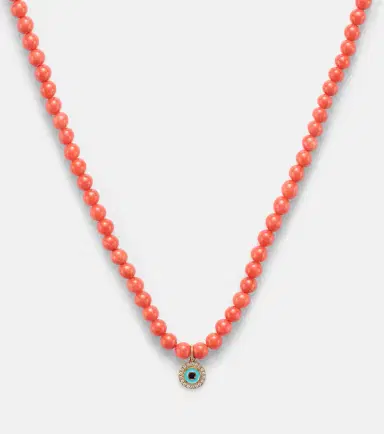 Sydney Evan Evil Eye 14kt gold and coral beaded necklace with diamonds | Thumbnail 2 Sydney Evan Evil Eye 14kt gold and coral beaded necklace with diamonds | Thumbnail 2