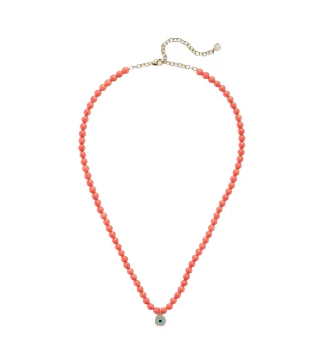 Evil Eye 14kt gold and coral beaded necklace with diamonds
