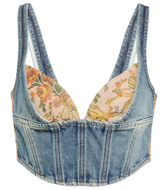 Alessandra Rich Floral cropped denim bustier top