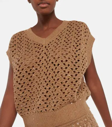 Brunello Cucinelli Open-knit cotton, linen and silk top | Thumbnail 3