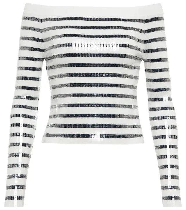 Jean Paul Gaultier Sequined striped off-shoulder sweater