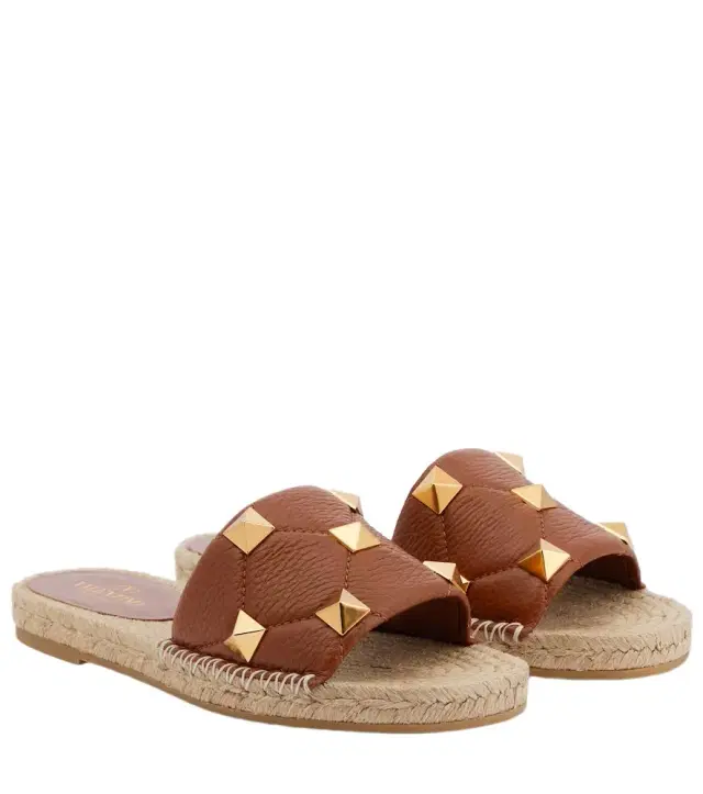 Valentino Garavani Roman Stud leather and raffia slides