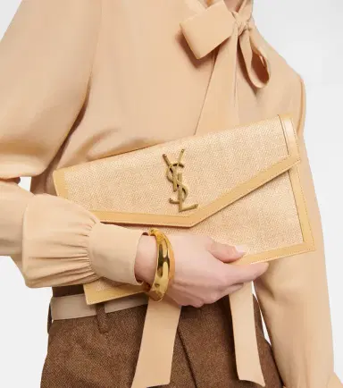 Saint Laurent Uptown leather-trimmed raffia clutch | Thumbnail 2