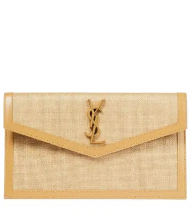 Saint Laurent Uptown leather-trimmed raffia clutch | Thumbnail 1