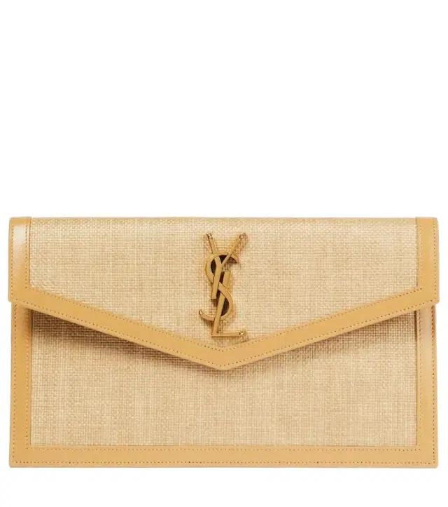 Uptown leather-trimmed raffia clutch
