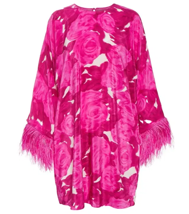 Valentino Floral feather-trimmed silk minidress