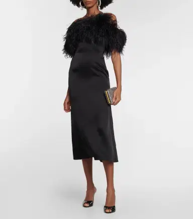 David Koma Feather-trimmed satin midi dress | Thumbnail 4 David Koma Feather-trimmed satin midi dress | Thumbnail 4