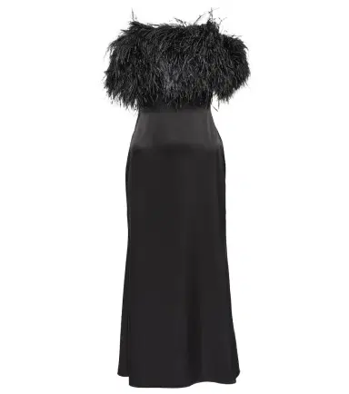 David Koma Feather-trimmed satin midi dress | Thumbnail 1 David Koma Feather-trimmed satin midi dress | Thumbnail 1