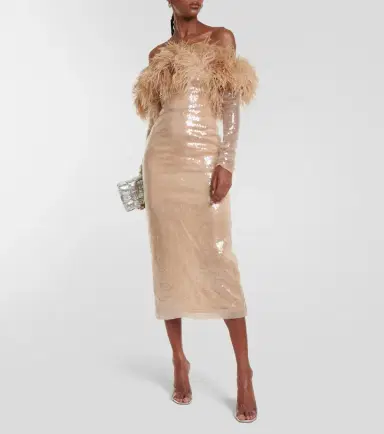 David Koma Feather-trimmed sequined midi dress | Thumbnail 2 David Koma Feather-trimmed sequined midi dress | Thumbnail 2