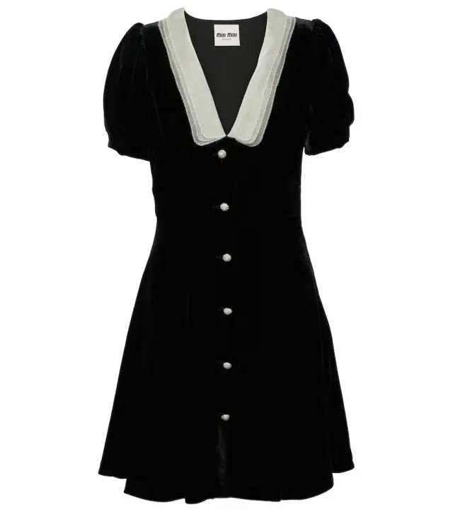 V-neck organza-trimmed velvet minidress
