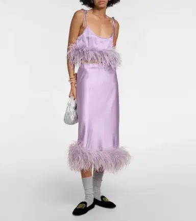 Miu Miu Feather-trimmed satin midi skirt | Thumbnail 6 Miu Miu Feather-trimmed satin midi skirt | Thumbnail 6