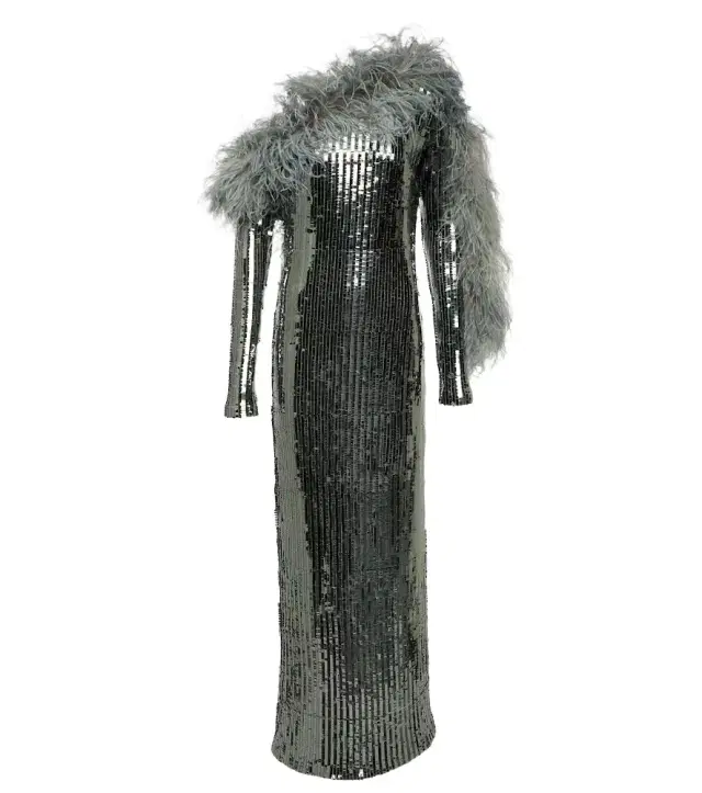Taller Marmo Garbo Disco feather-trimmed sequined gown