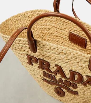 Prada Large leather-trimmed raffia basket bag | Thumbnail 2