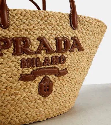 Prada Large leather-trimmed raffia basket bag | Thumbnail 3