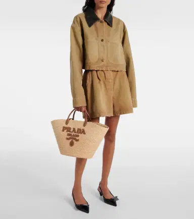 Prada Large leather-trimmed raffia basket bag | Thumbnail 6