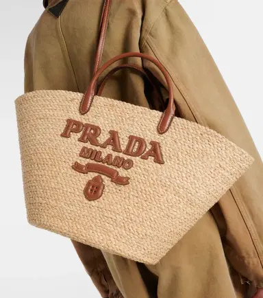 Prada Large leather-trimmed raffia basket bag | Thumbnail 7