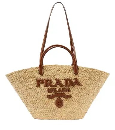 Prada Large leather-trimmed raffia basket bag | Thumbnail 1