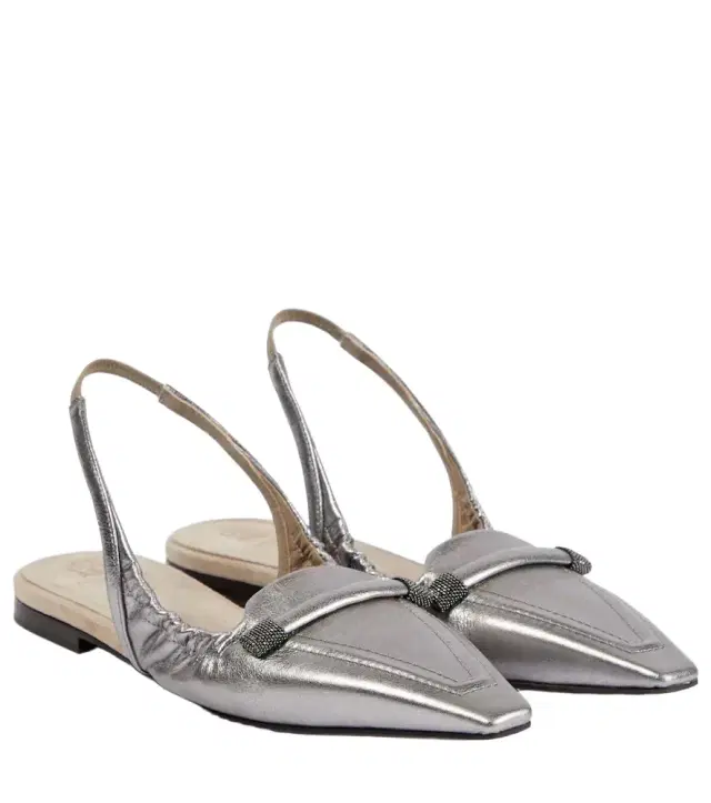 Brunello Cucinelli Metallic leather slingback flats