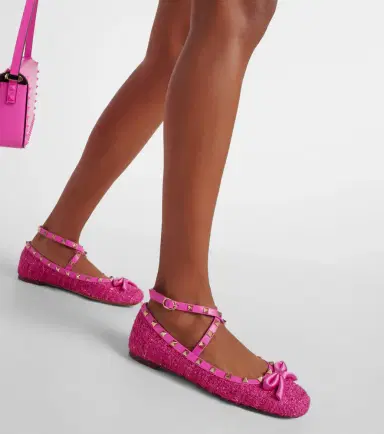 Valentino Garavani Rockstud leather-trimmed bouclé ballet flats | Thumbnail 3