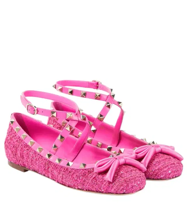 Valentino Garavani Rockstud leather-trimmed bouclé ballet flats