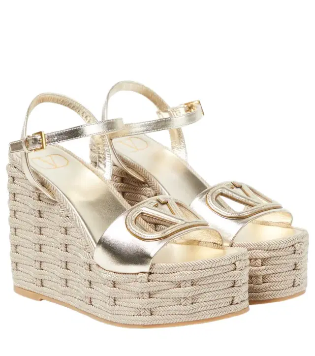 Valentino Garavani VLogo cutout metallic leather espadrille wedges