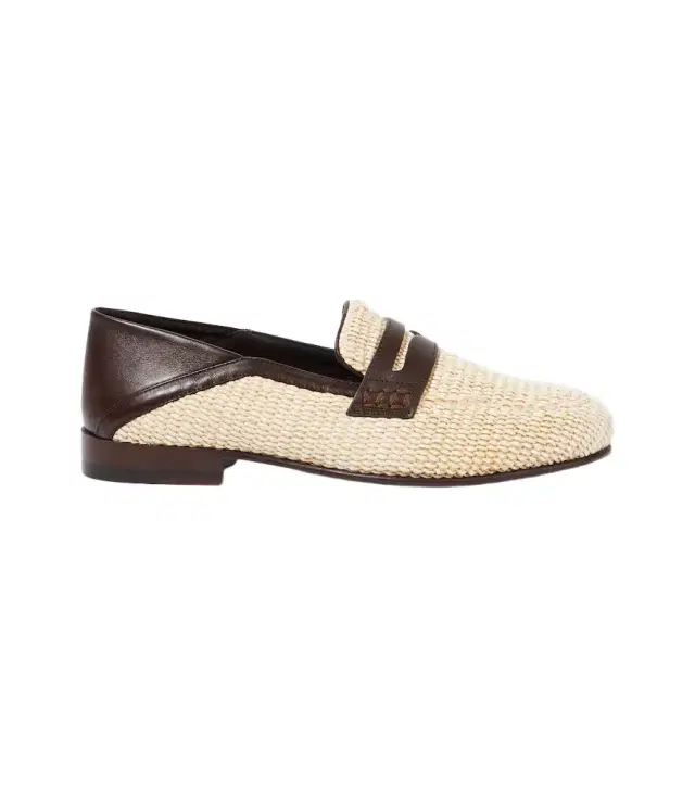 Padstow leather-trimmed raffia penny loafers