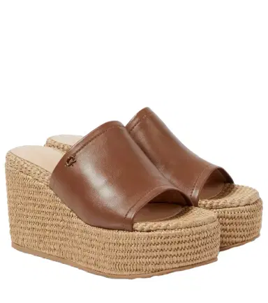 Gianvito Rossi Leather and raffia wedge mules | Thumbnail 1