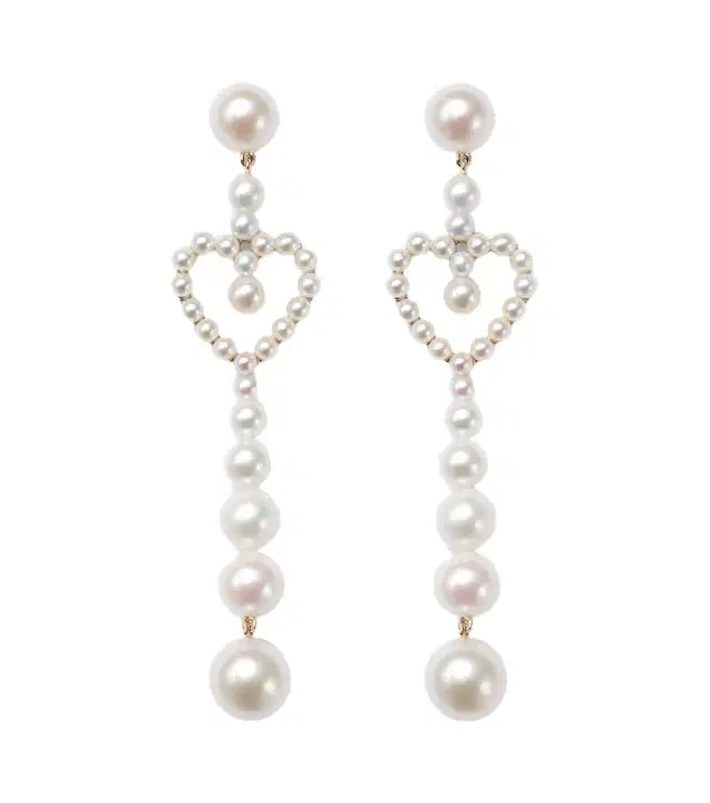 Sophie Bille Brahe Pearl Heart 14kt gold drop earrings with freshwater pearls