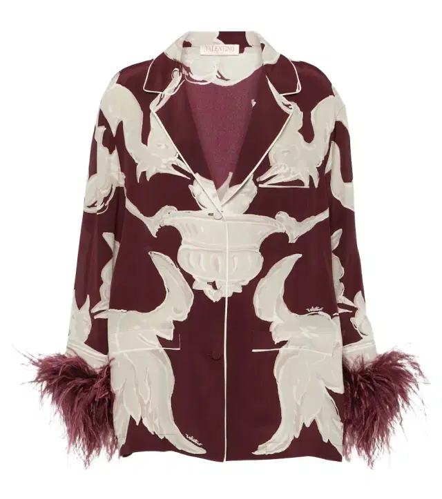 Valentino Printed feather-trimmed silk crêpe de chine blouse