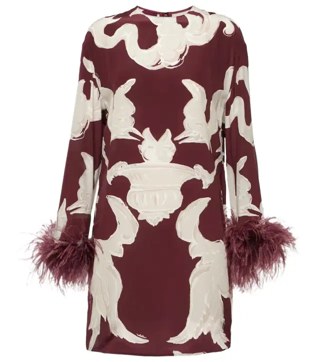 Valentino Printed feather-trimmed silk minidress