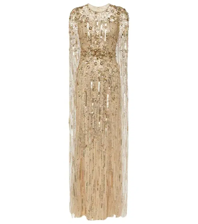Ruby caped sequined gown