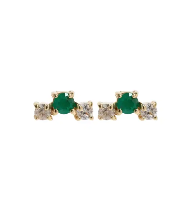 Stone and Strand Dainty Emerald Goddess 14kt gold stud earrings with emeralds and diamonds