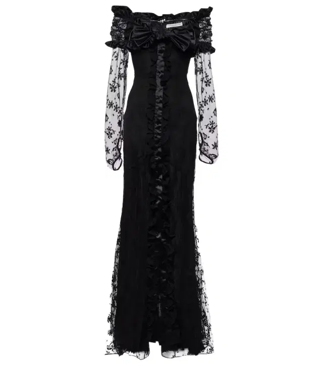 Alessandra Rich Bow-detail ruffled off-shoulder lace gown