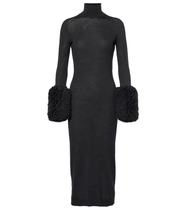 Alaia Alaïa Faux shearling-trimmed virgin wool midi dress