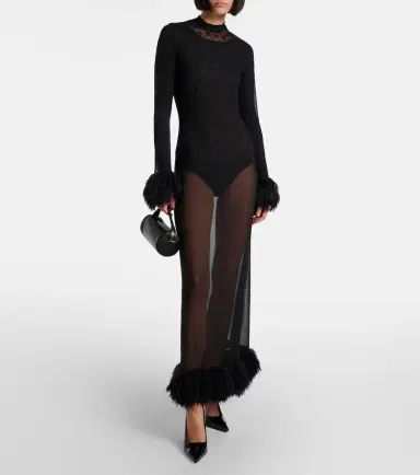Marine Serre Faux feather-trimmed mesh maxi dress | Thumbnail 3