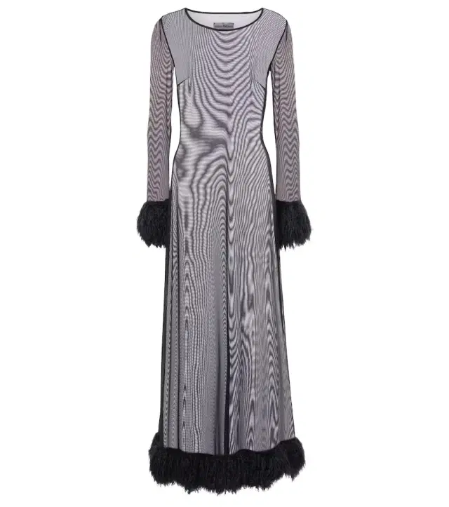 Marine Serre Faux feather-trimmed mesh maxi dress