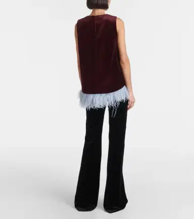 La DoubleJ La Scala feather-trimmed cotton velvet top | Thumbnail 3