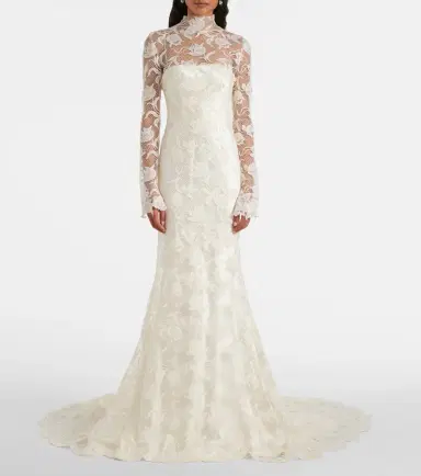 Danielle Frankel Bridal Adena floral lace-trimmed wool and silk gown | Thumbnail 6